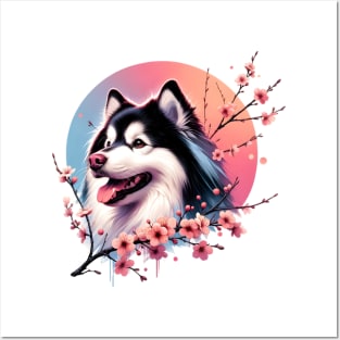 Joyful Finnish Lapphund with Spring Cherry Blossoms Posters and Art